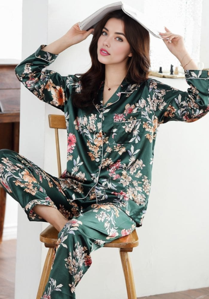 Pyjama Satin Fleuri Femme