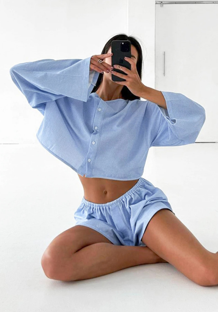Pyjama Short Coton Bleu Femme