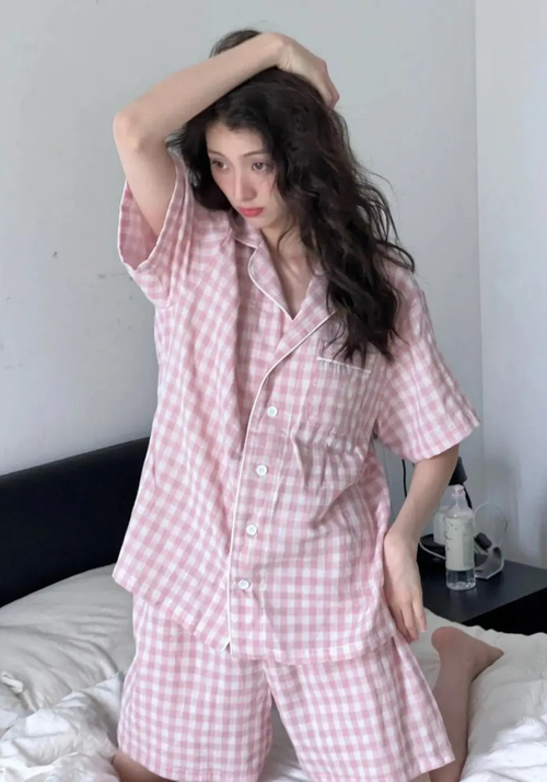 Pyjama Short Carreaux Rose Femme