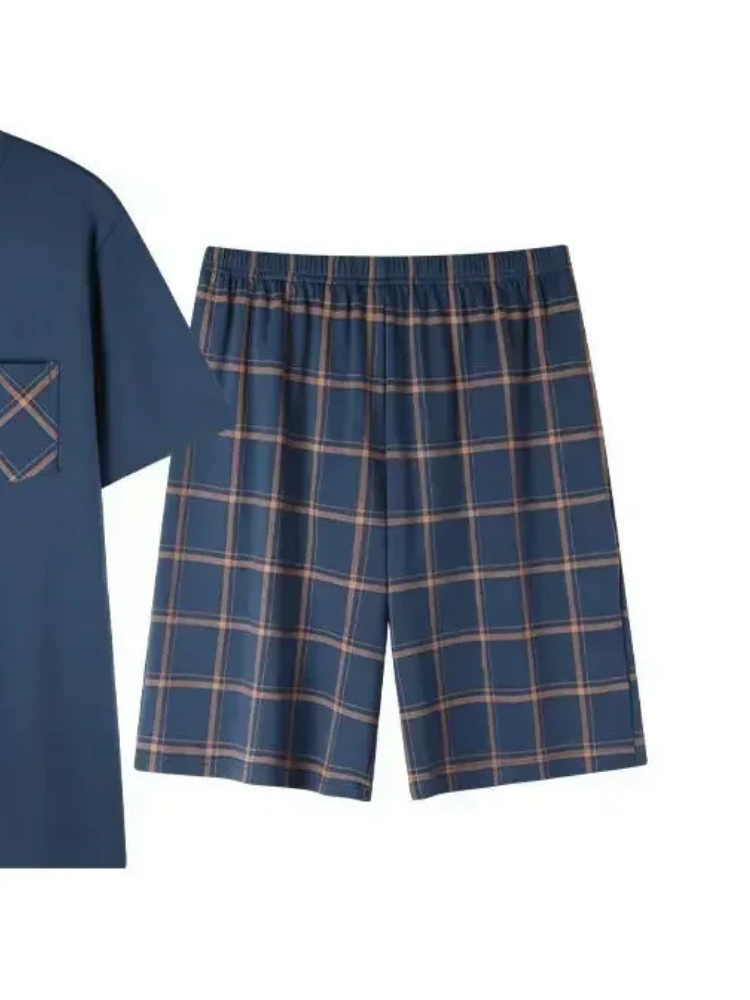 Pyjama Short Homme Marine et Carreaux