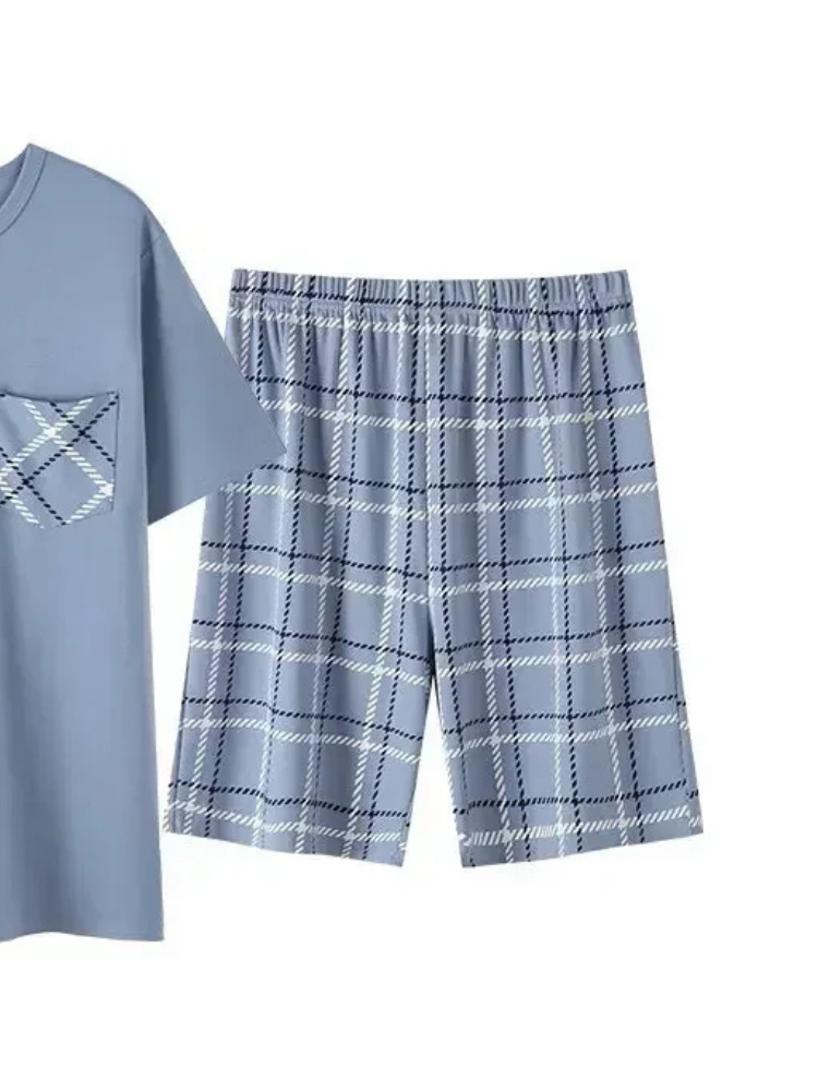 Pyjama Short Homme Bleu à Carreaux