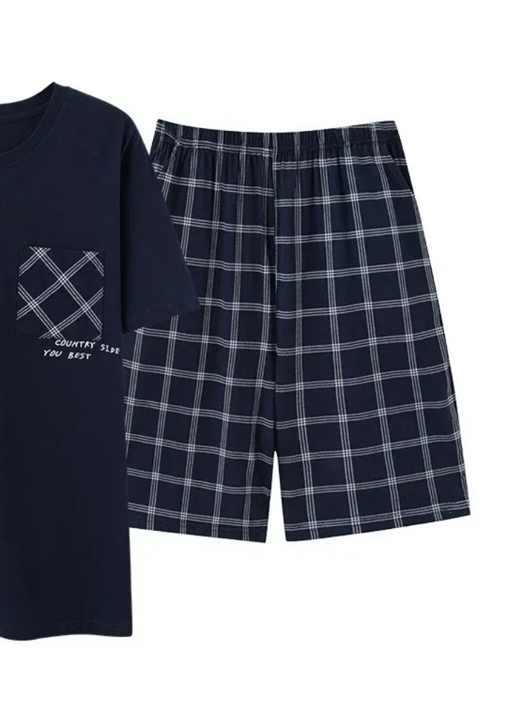 Pyjama Short Homme Marine à Carreaux