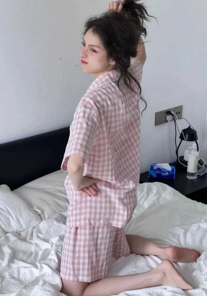 Pyjama Short Carreaux Rose Femme