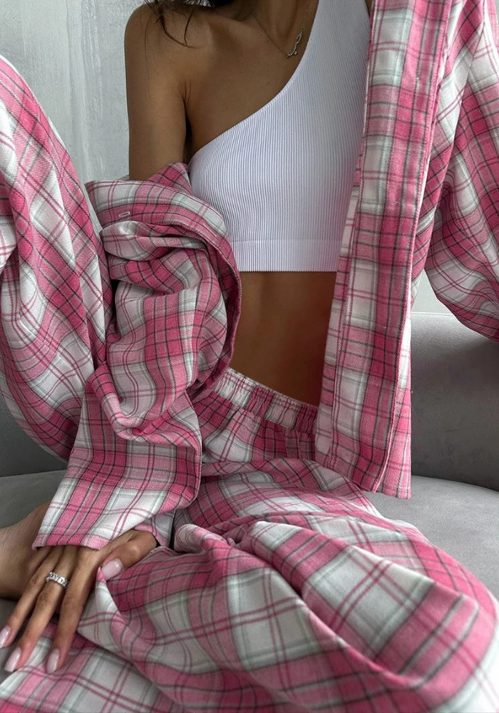 Pyjama Pantalon Carreaux Rose Femme