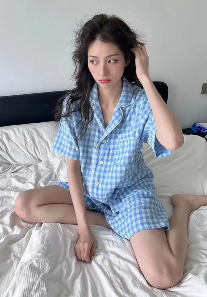Pyjama Short Carreaux Bleu Femme