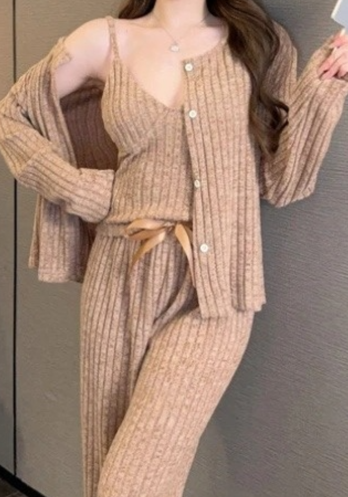 Pyjama 3 Pièces Beige Femme