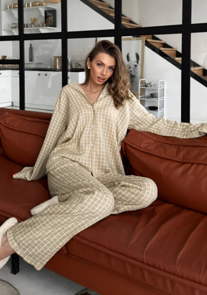 Pyjama Carreaux Beige Femme