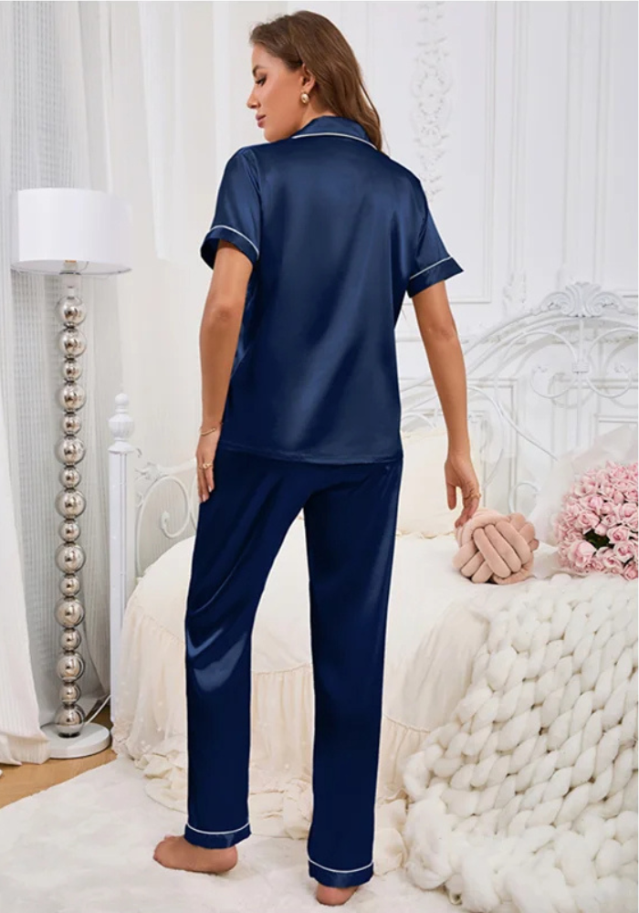 Pyjama Satin Bleu Marine Femme